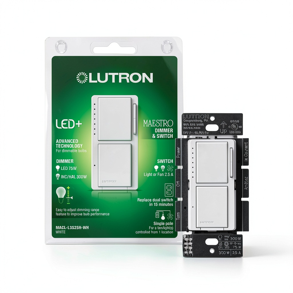 Maestro LED+ dual dimmer and switch installed in a modern wall setup