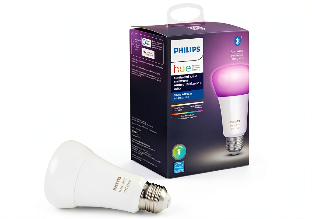 Philips Hue Smart LED Bulb illuminating a living room with multicolor light