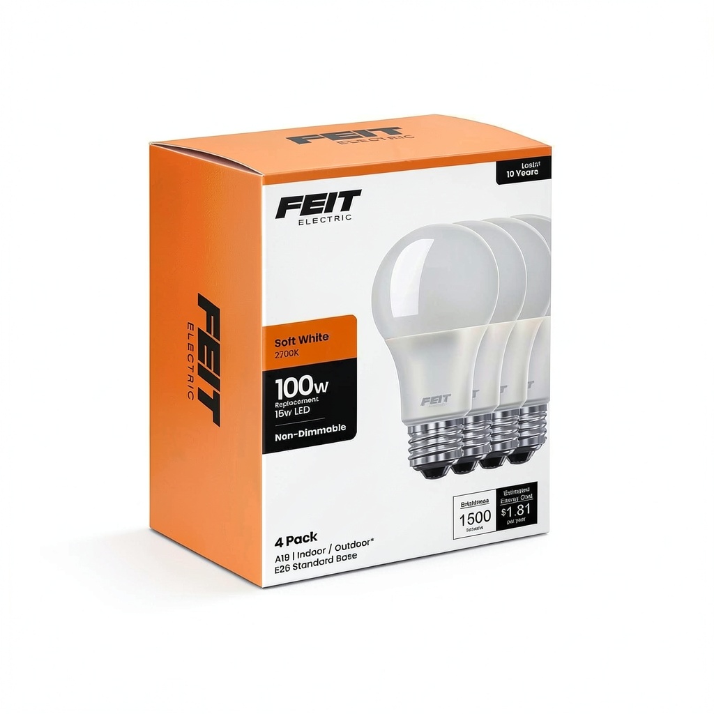 Feit A19 E19 LED bulb illuminating a cozy room