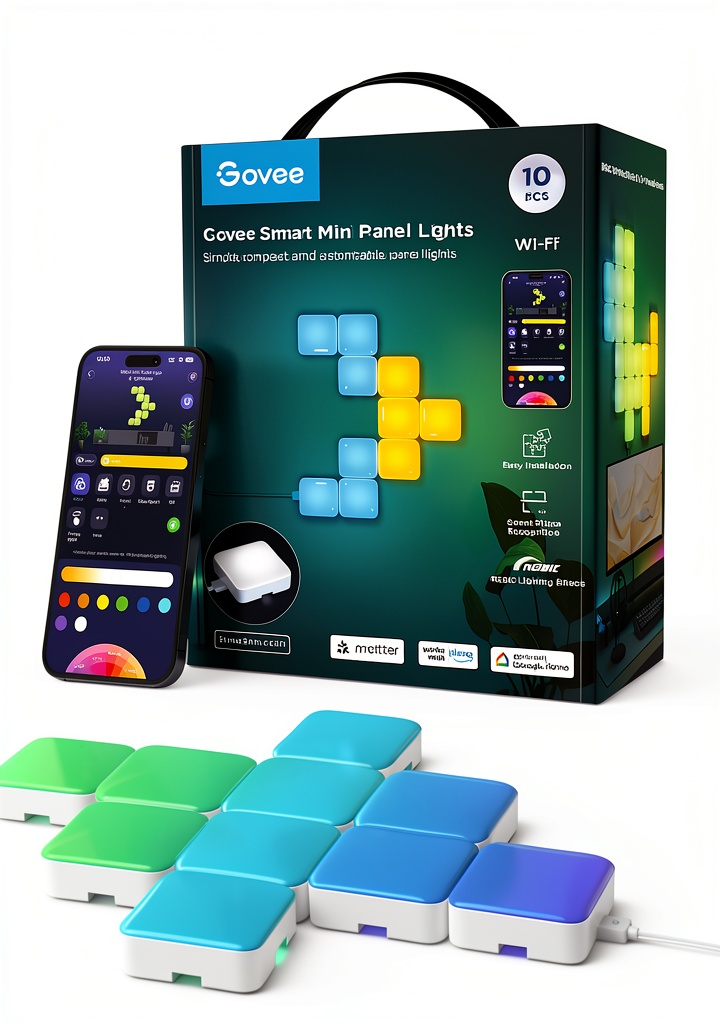 Govee LED wall panels displaying a colorful geometric pattern on a wall