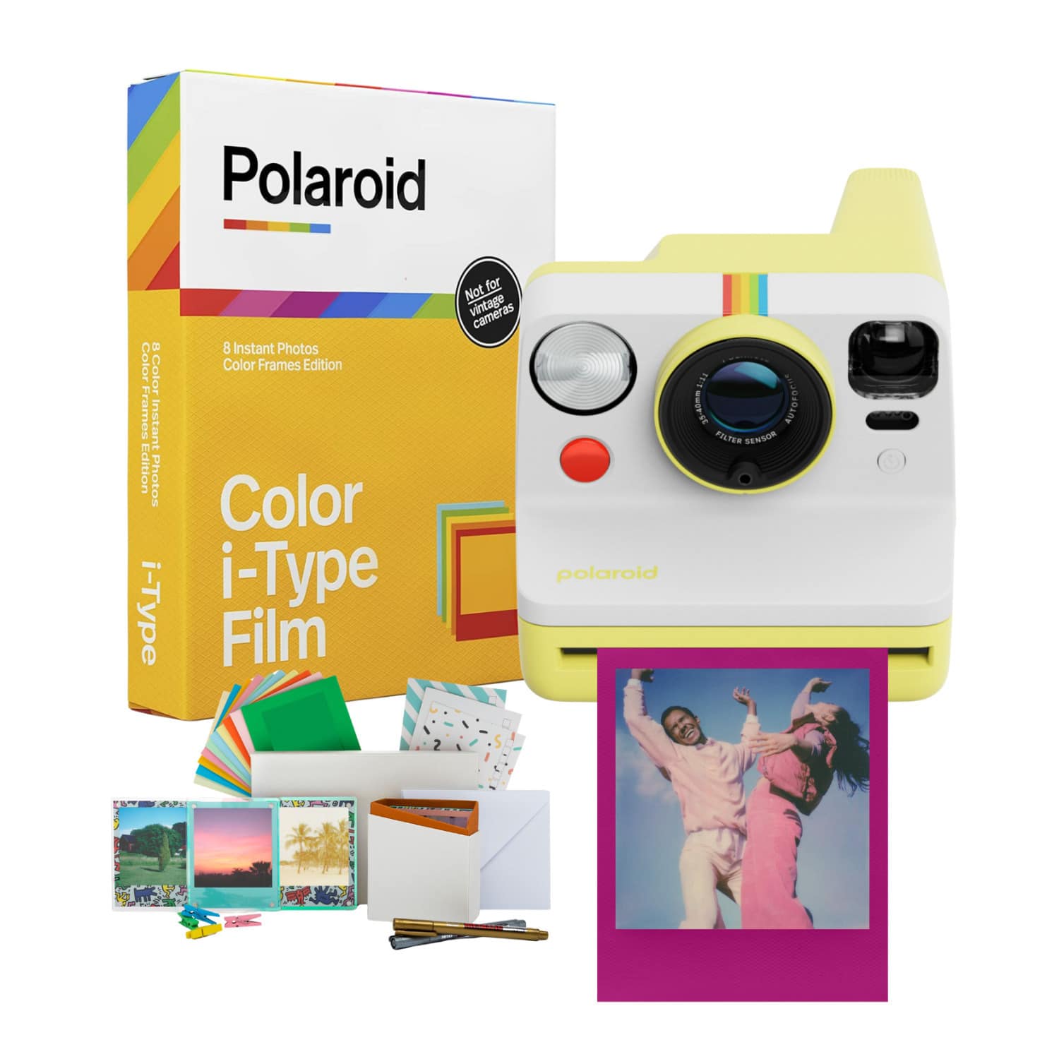 Polaroid Now Generation 3 camera in yellow with accessories on a table