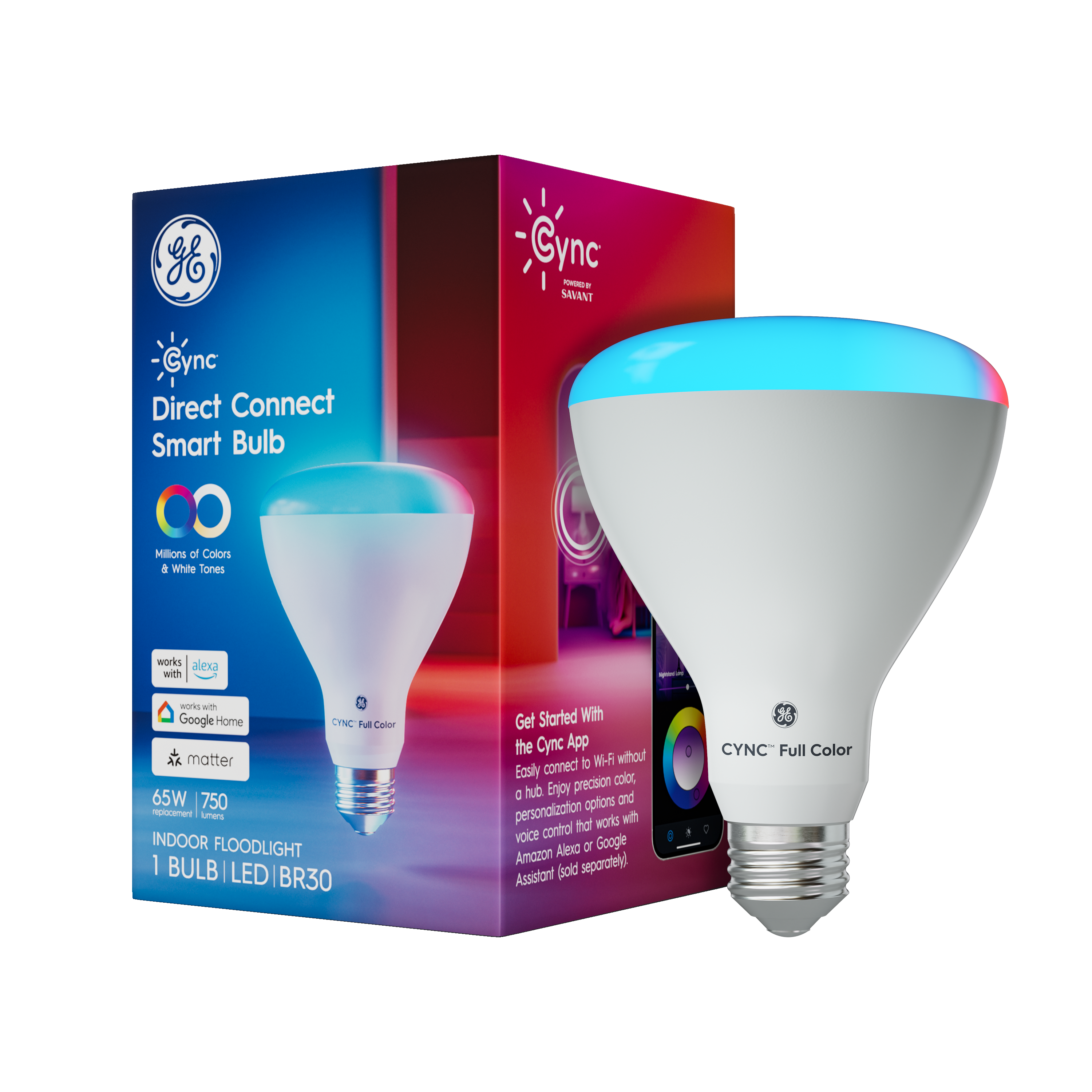 Cync Direct Connect 65W BR30 Smart LED Bulb in a modern living room setting