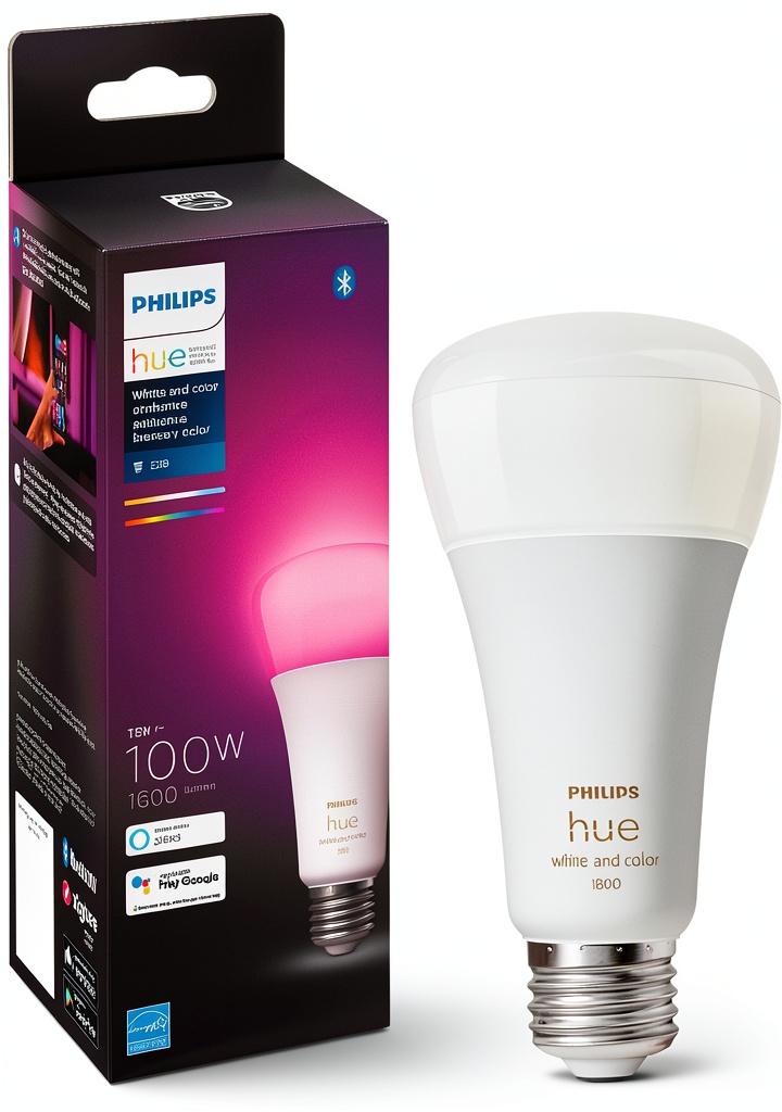 Philips Hue A21 Smart LED Bulb illuminating a living room with vibrant colors