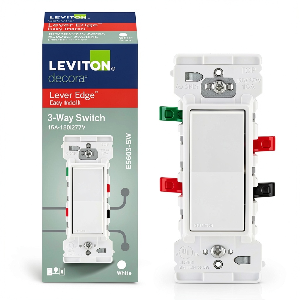 'Leviton 3-way switch installed in a multi-gang electrical box'
