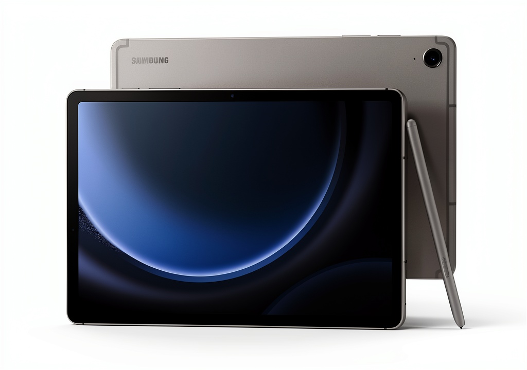 Samsung Galaxy Tab S9 FE tablet displaying a multimedia app on a desk