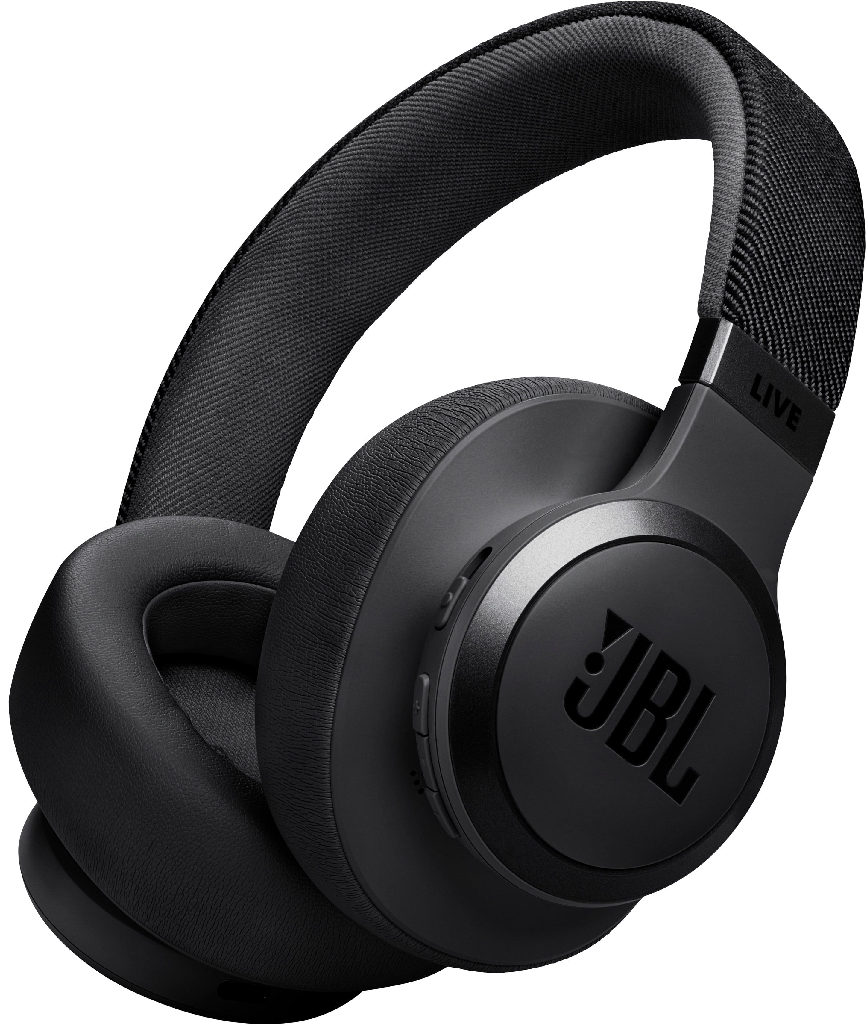 JBL Live 770NC headphones in use with detailed view of ear cushions and controls