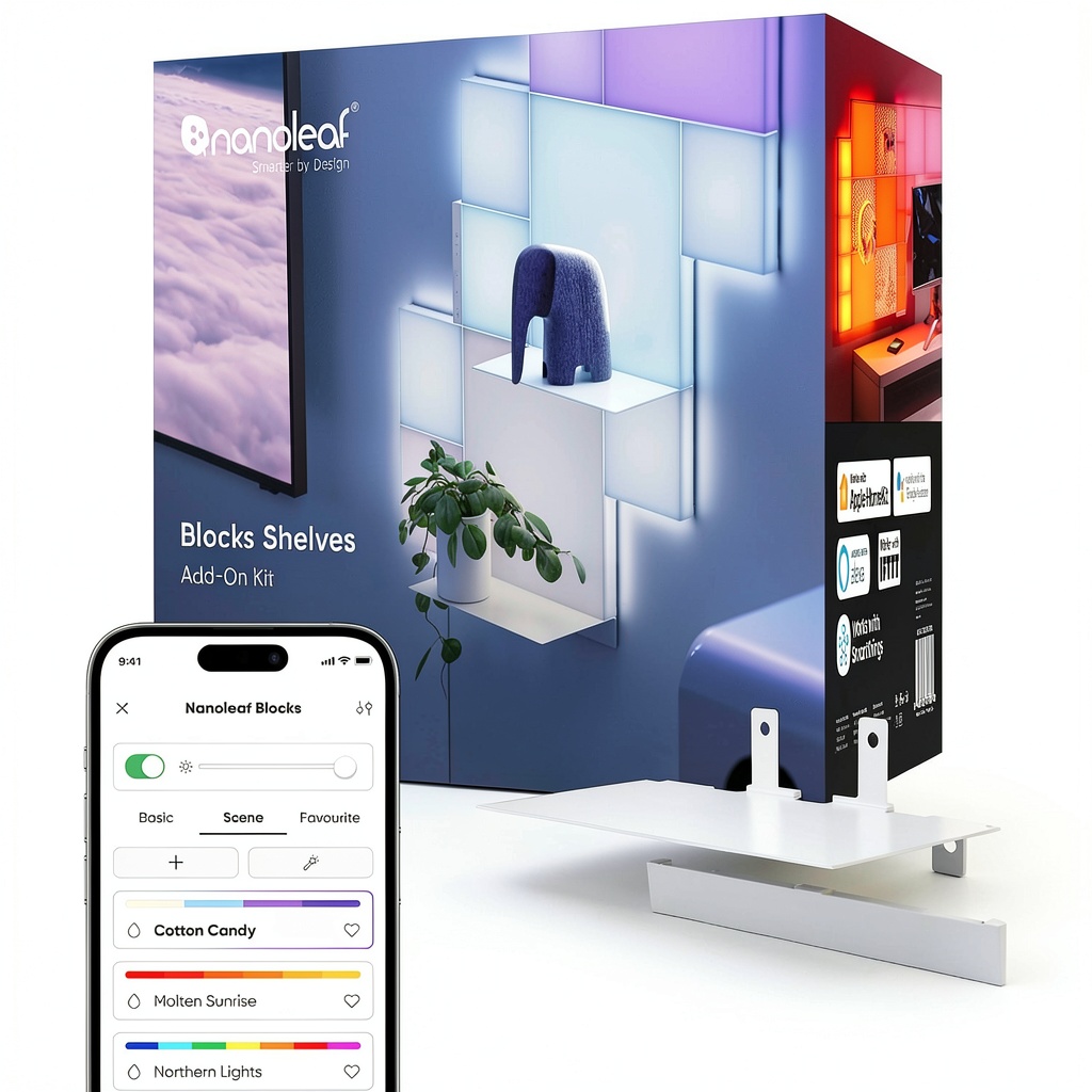 'Nanoleaf Blocks Shelves Add On multicolor panels arranged on a wall'
