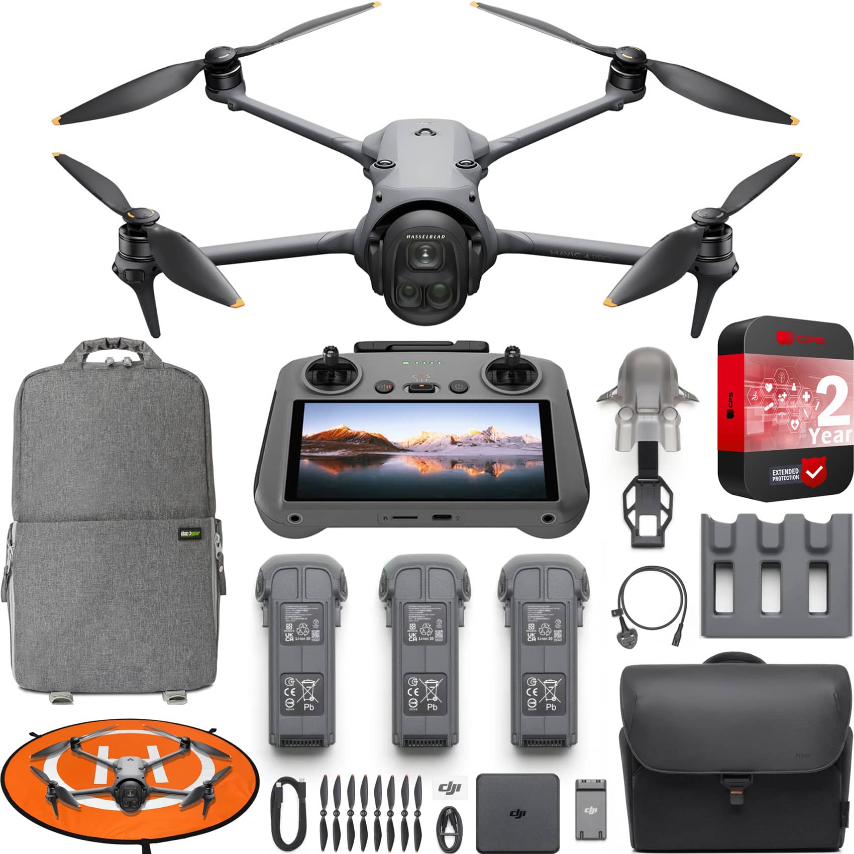 DJI Mavic 4 Pro drone in flight over a scenic landscape