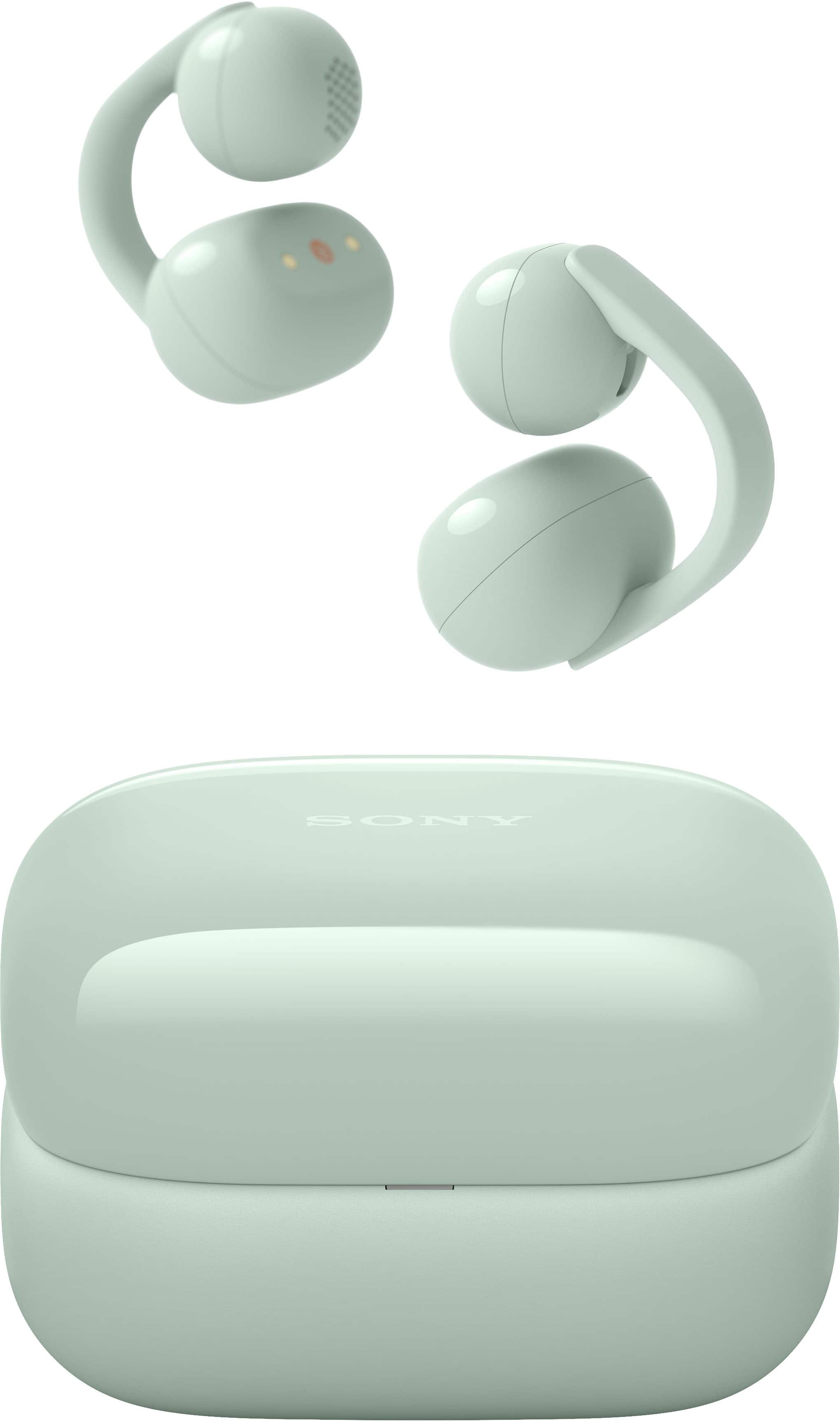 Sony LinkBuds Clip green earbuds being used during a city run