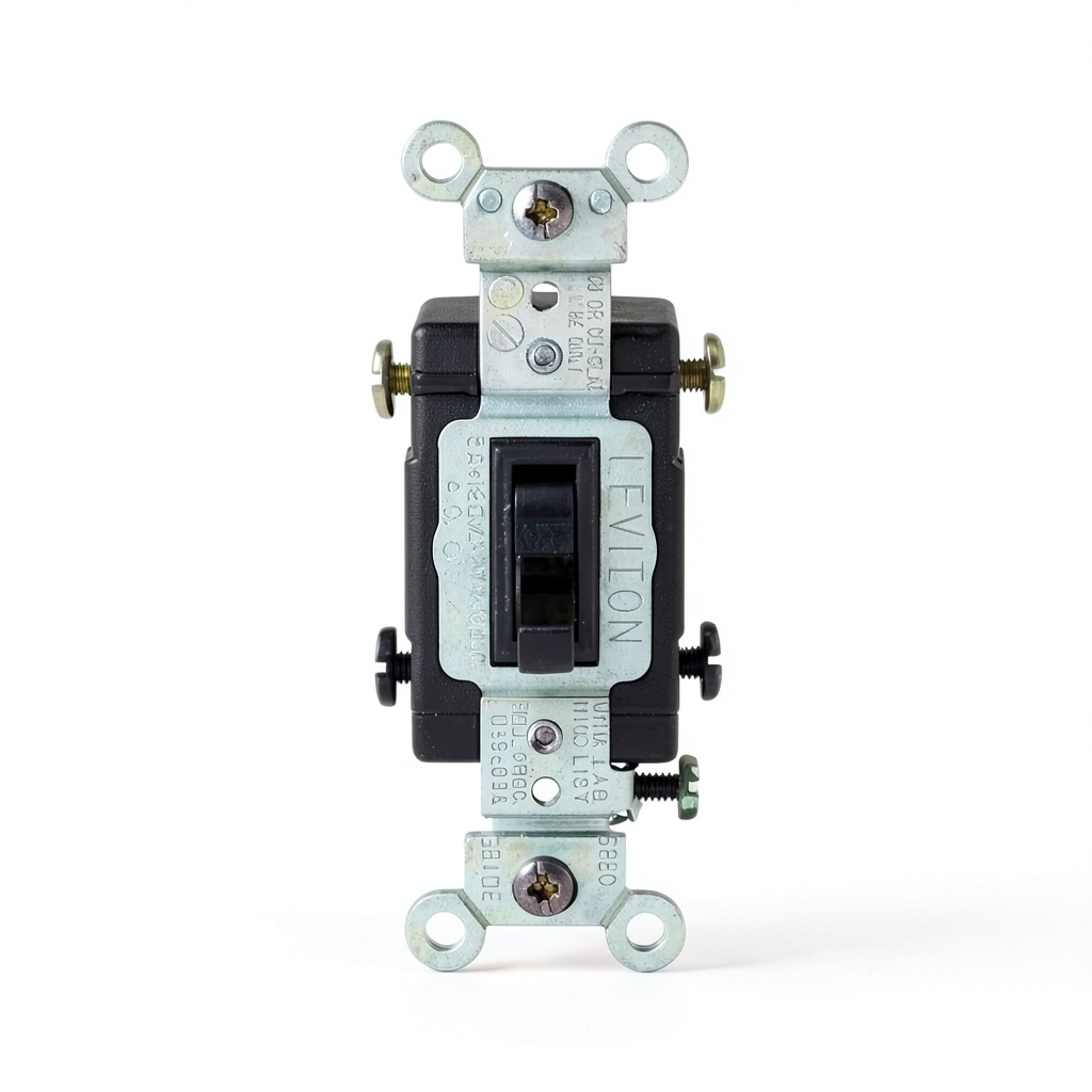 'Leviton 20 Amp toggle switch installed in a commercial electrical box'