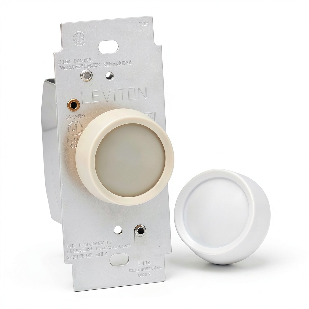 Leviton rotary dimmer switch showing white finish and control dial