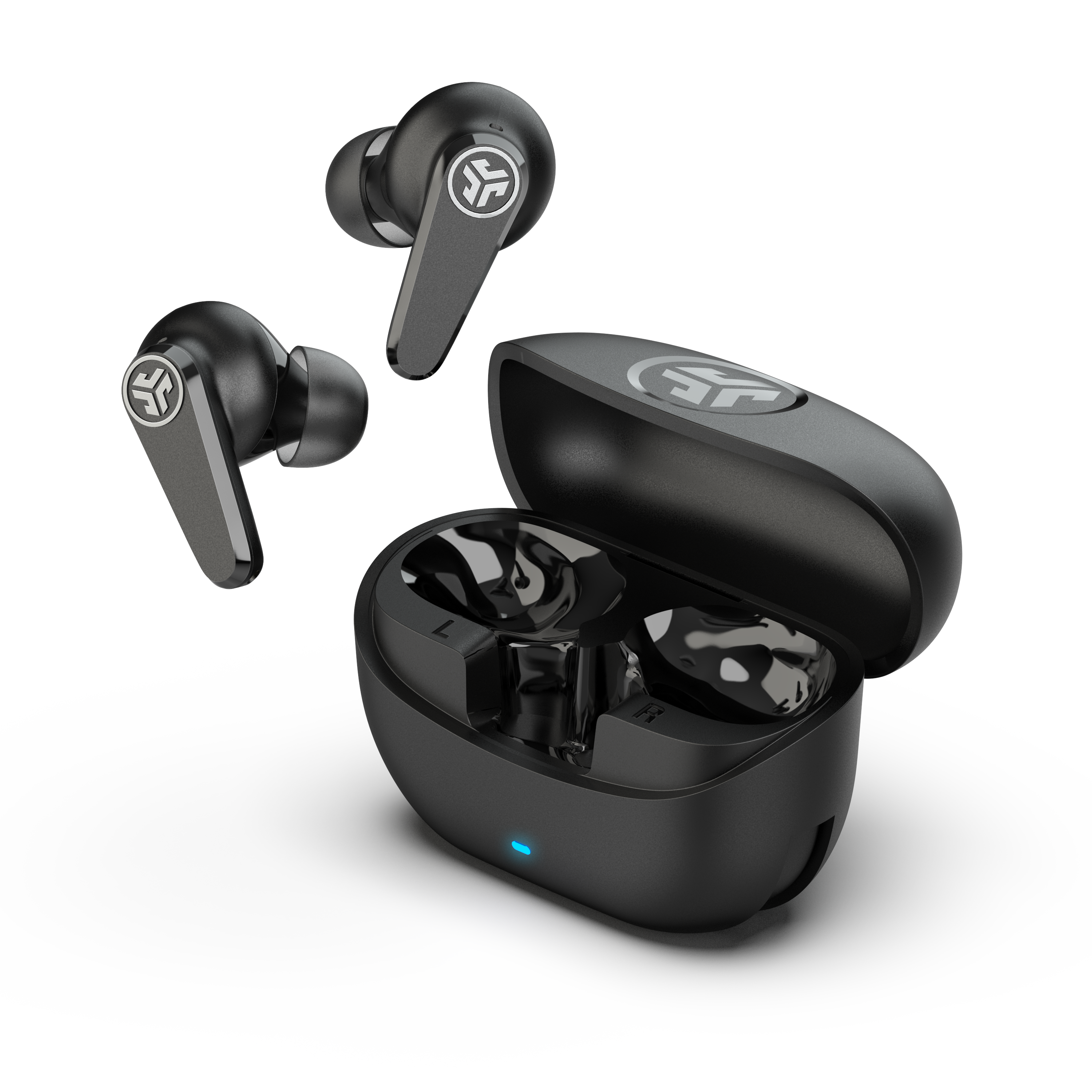 Close‑up of JLab Go Pods ANC earbuds in a gym setting showing IP55 rating and USB‑C charging cable