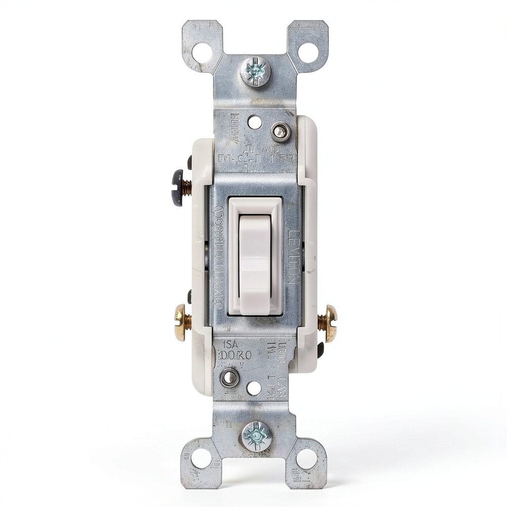 Close-up of Leviton 3-way toggle switch showing wiring terminals and durable frame