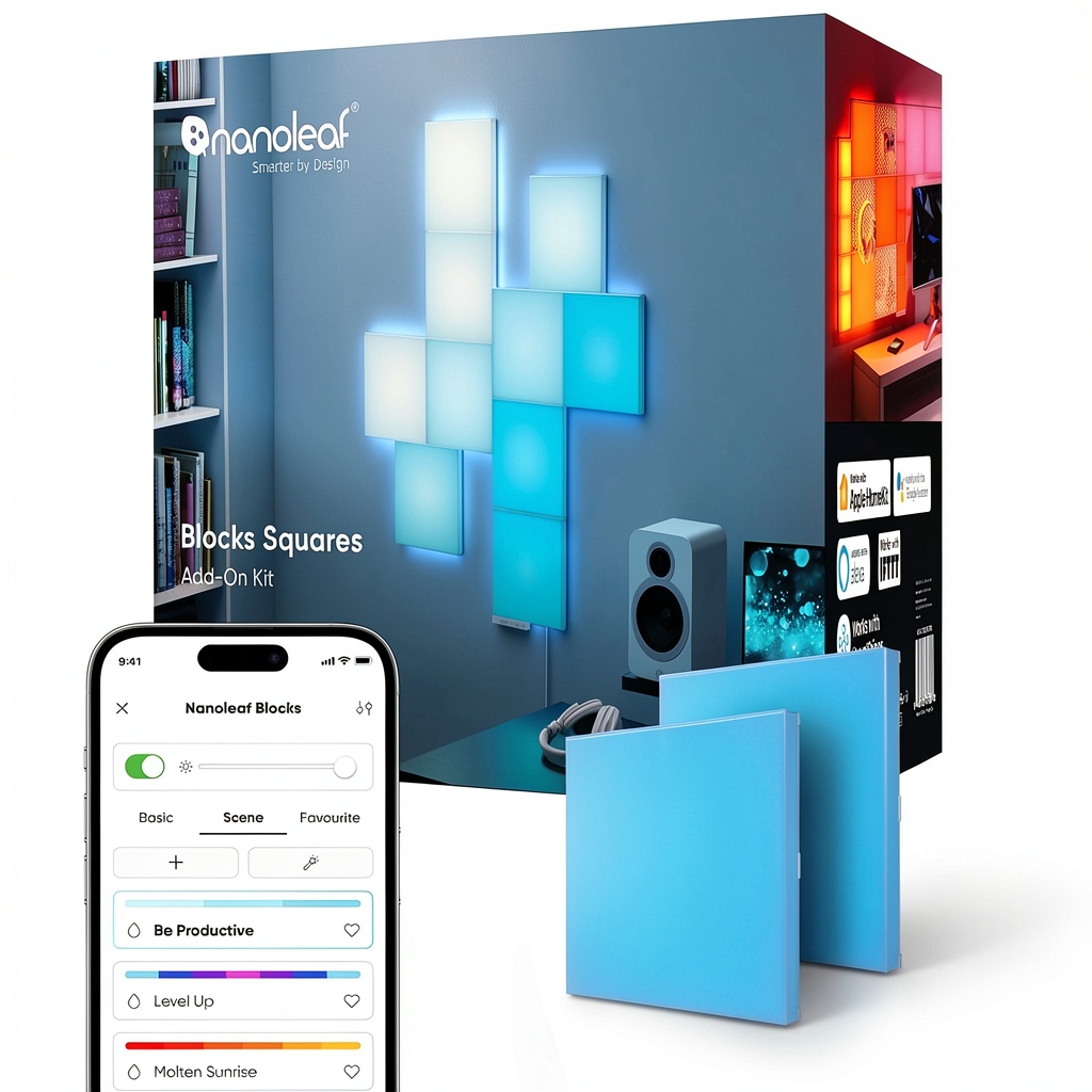 Nanoleaf Blocks Squares installed on a living room wall with vibrant colors
