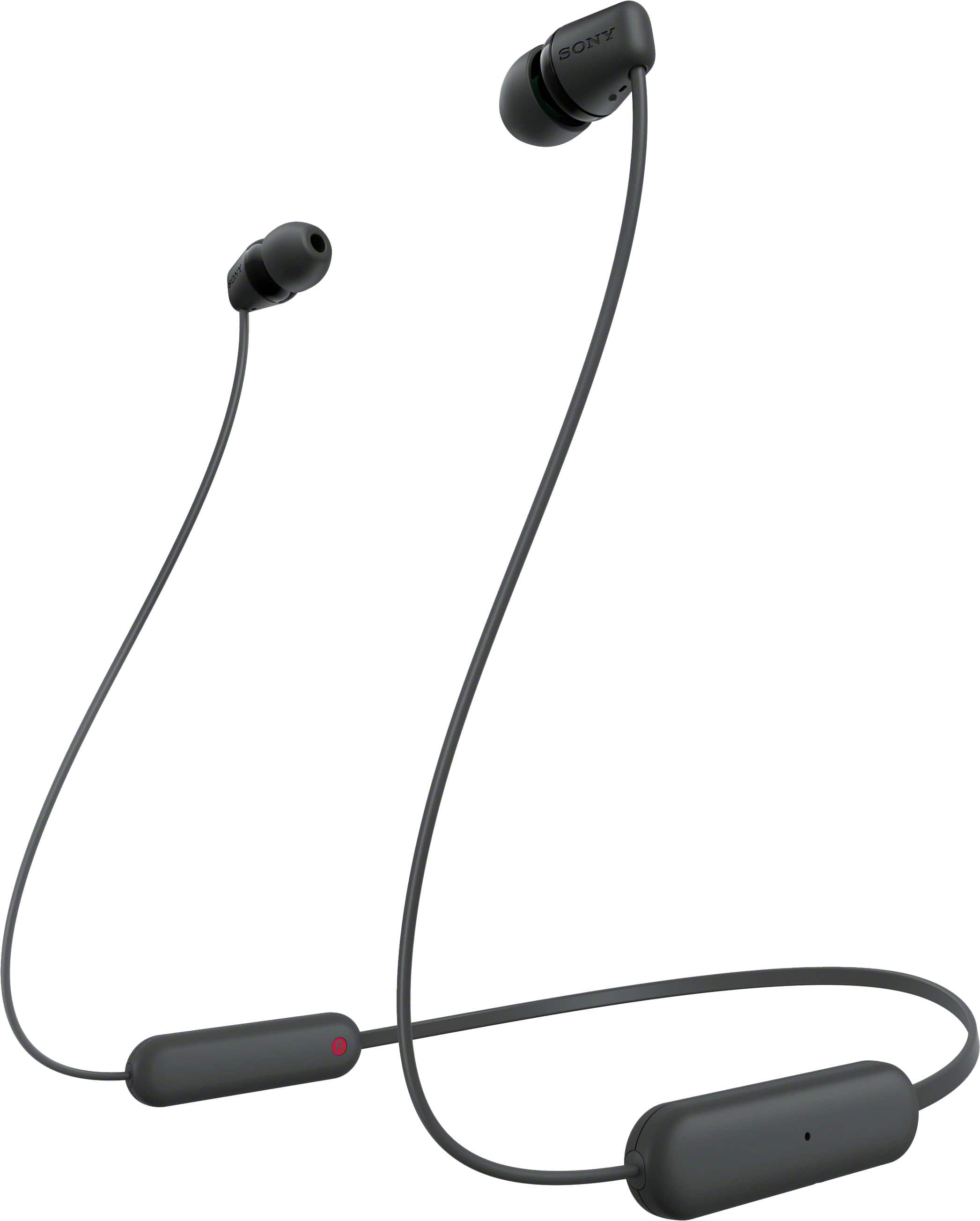 Installing Sony WIC100 Wireless In Ear Headphones Black on a wooden desk