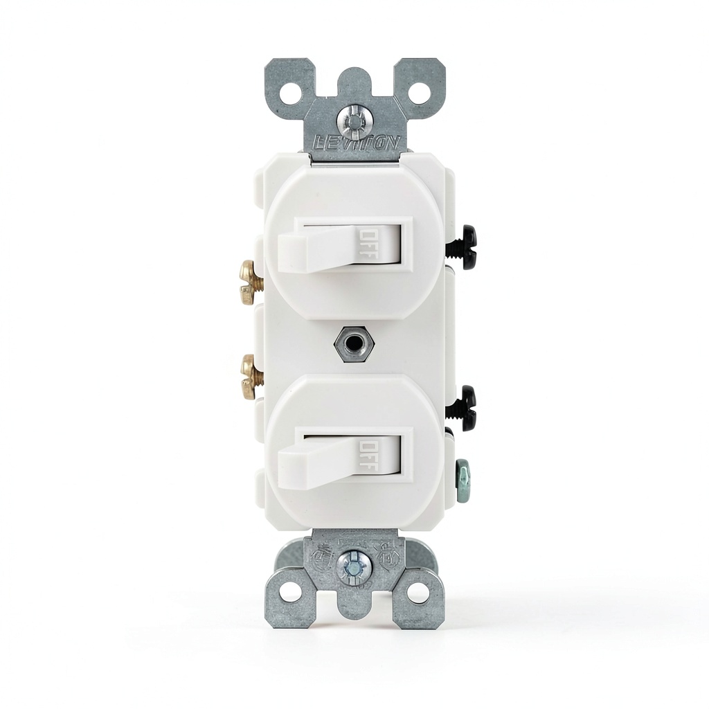 'Leviton duplex toggle switch installed in a standard wallbox'