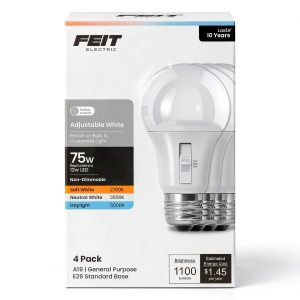 Feit LED Bulb Adjustable White A19 E26 75 Watt 4 Pack-0