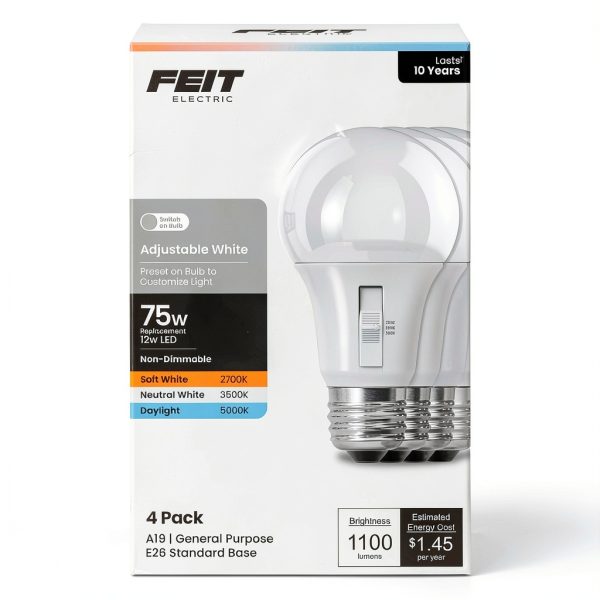 Feit LED Bulb Adjustable White A19 E26 75 Watt 4 Pack-0