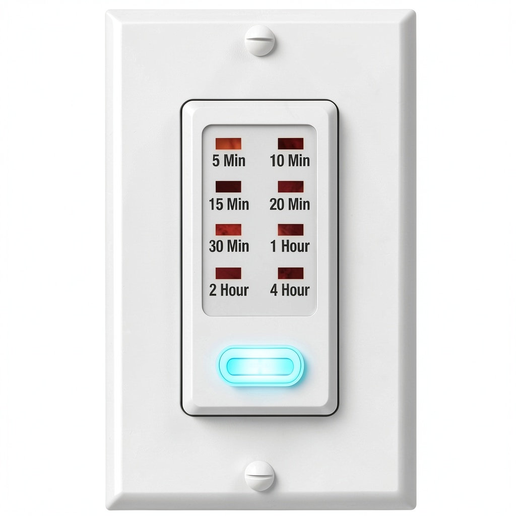 Fosmon timer switch installed in a wall with illuminated button visible