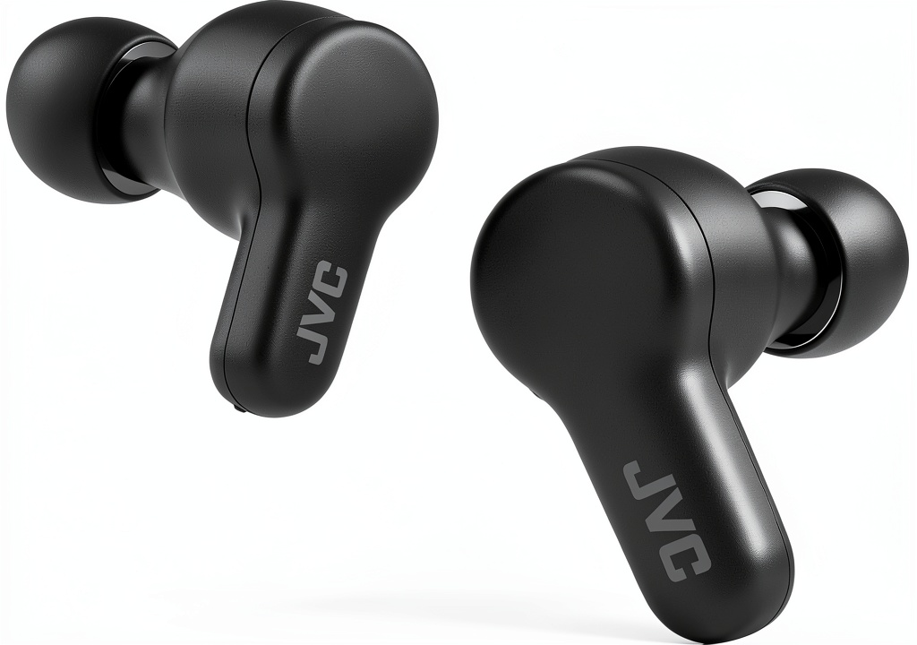 Installing JVC Gumy True Wireless Earbuds Black Comfort Stick Design on a wooden desk