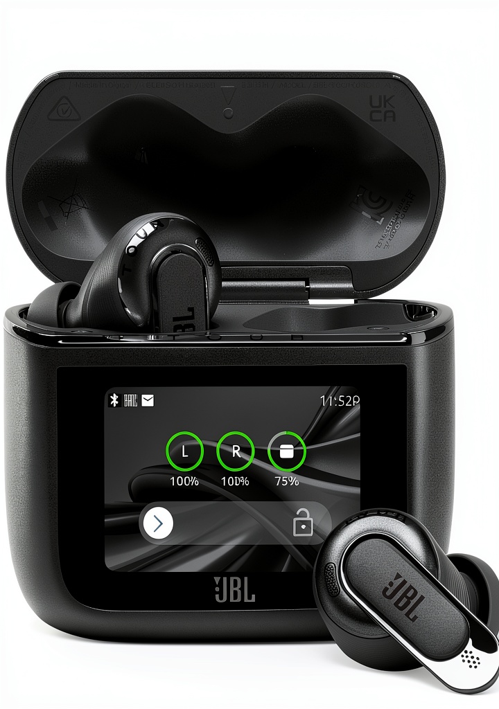 JBL Tour Pro 3 earbuds and smart charging case displayed on a dark background