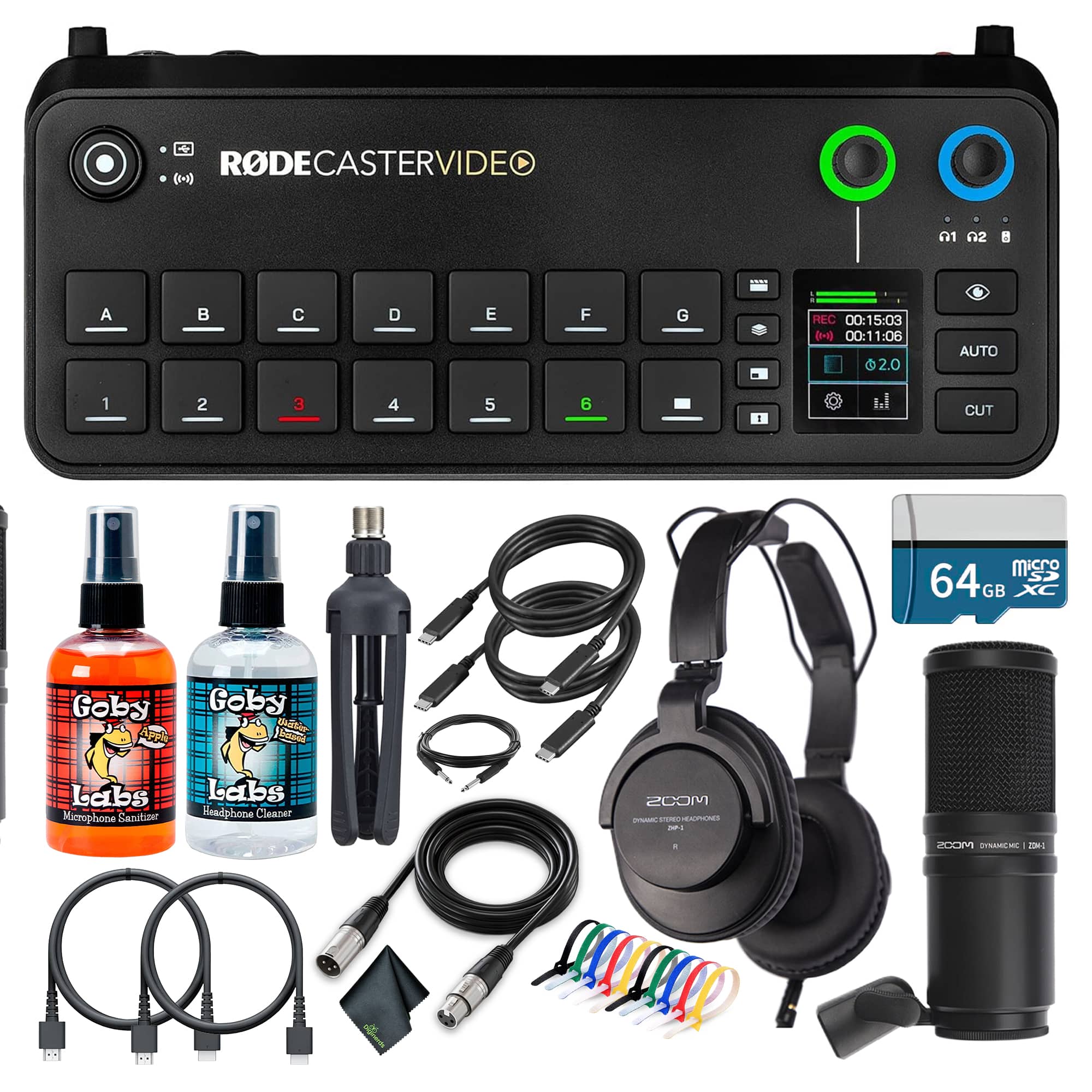 RODECaster Video console with headphones and microphone on a studio desk
