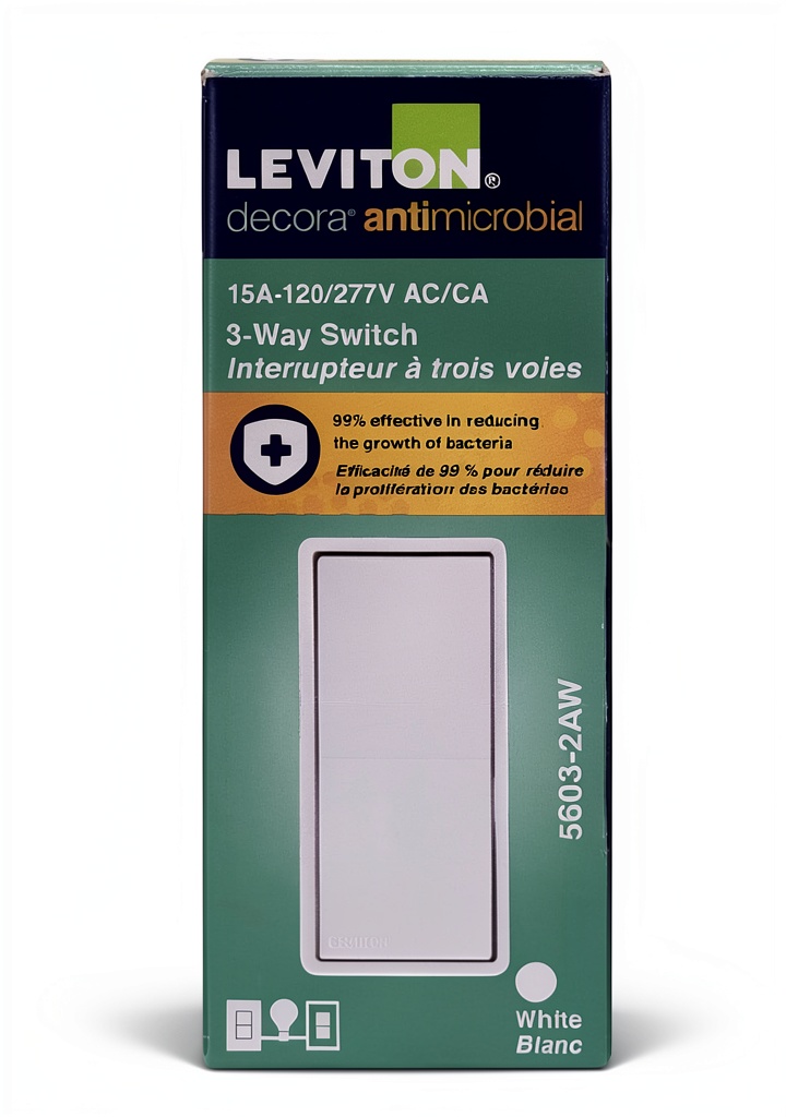 Installing Leviton Antimicrobial Decora Rocker 3 Way Switch Quiet on a wooden desk