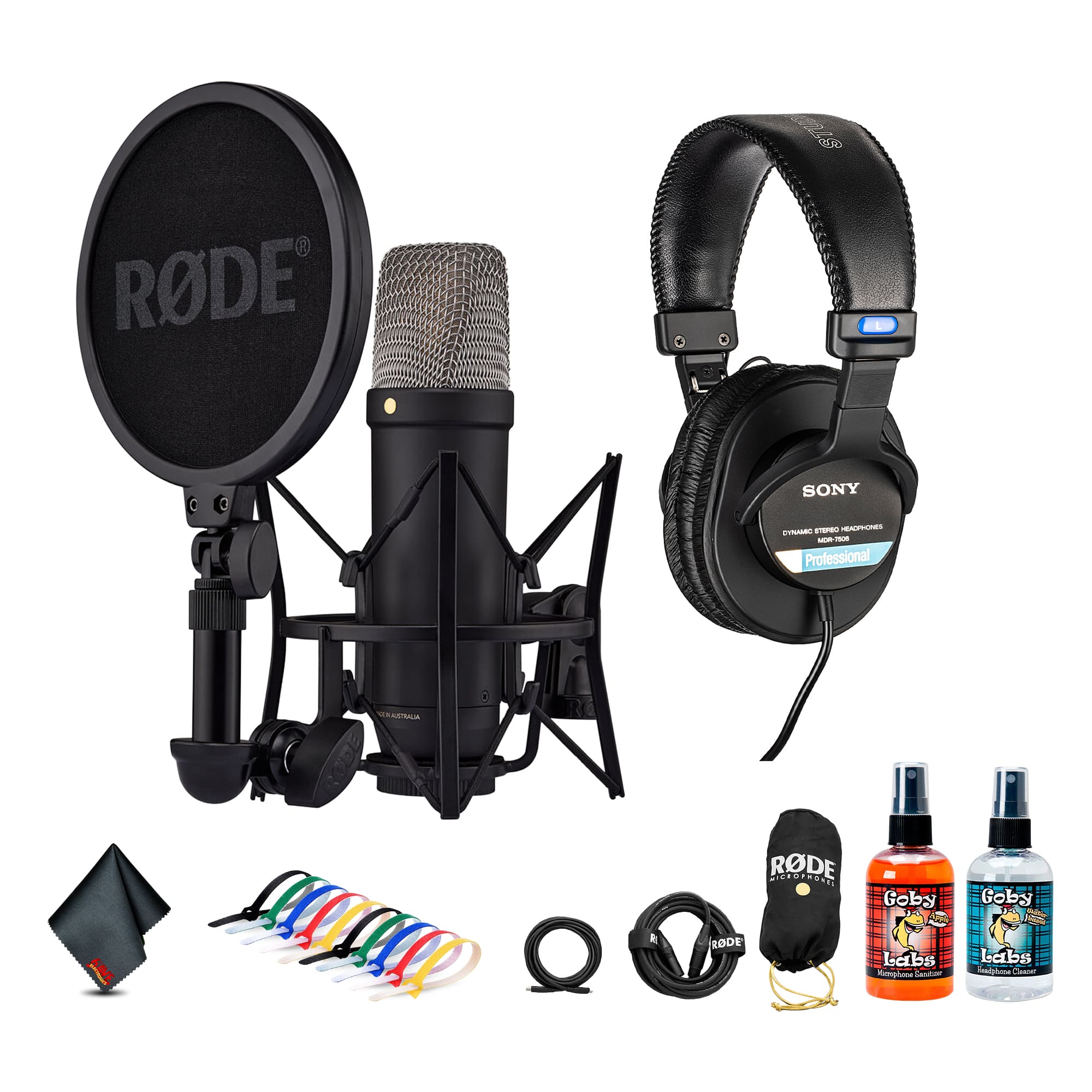 Rode NT1 5th Gen microphone with shockmount and accessories on a studio desk