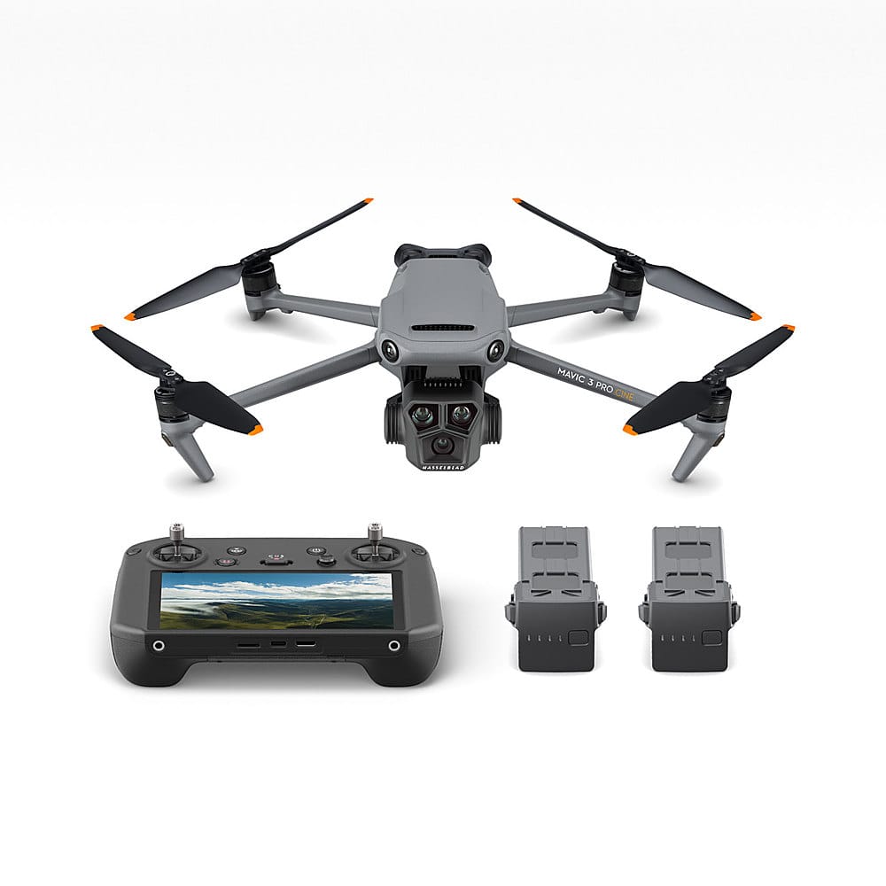 DJI Mavic 3 Pro Cine drone hovering over a landscape with cameras visible