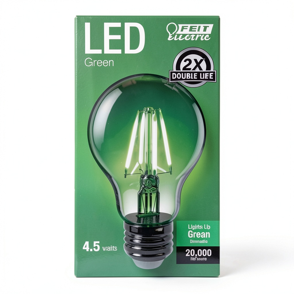 FEIT ELECTRIC A19 green LED bulb illuminating a decorative lamp