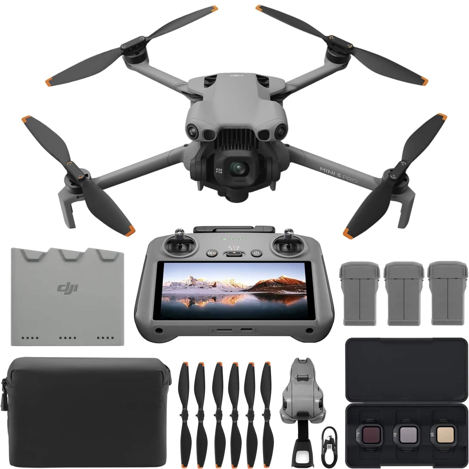 DJI Mini 5 Pro Drone in flight over a scenic landscape