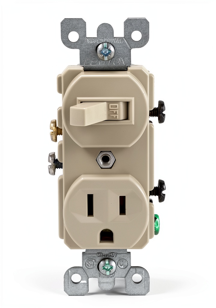 'Leviton switch outlet combo installed in a wall plate'
