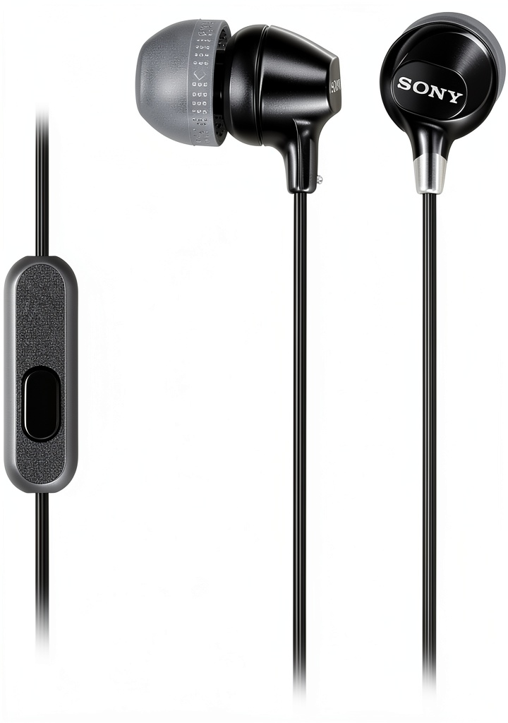 Sony MDREX14AP earbuds in black and white colors displayed on a neutral background