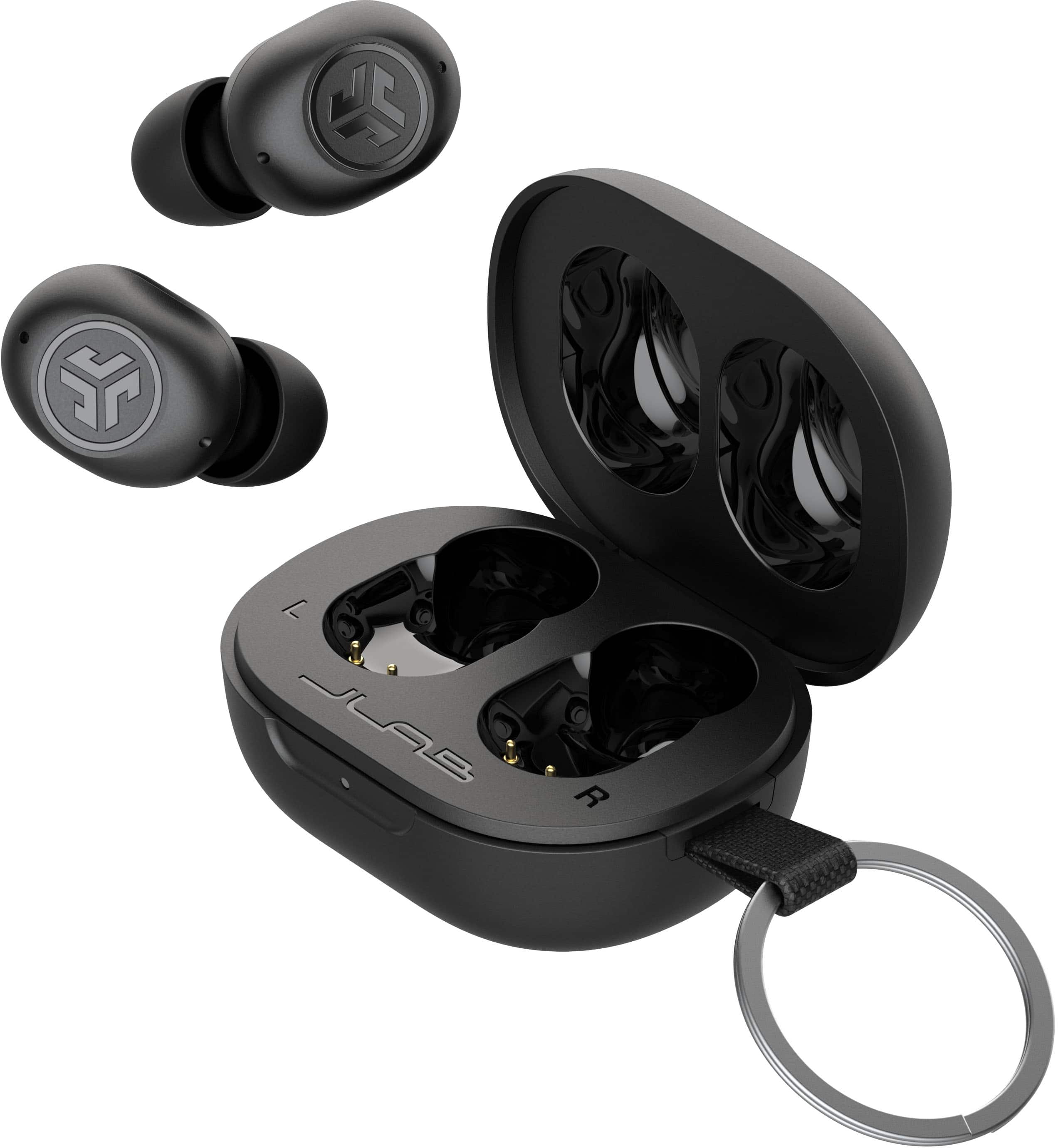 JLab JBuds Mini earbuds in Aqua color displayed on a charging case