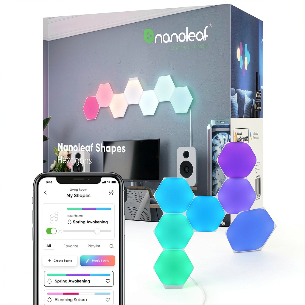 Nanoleaf Shapes Hexagons arranged in a creative wall pattern